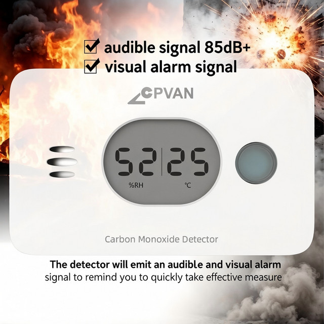 CPVAN CO-Alarm 3-in-1 Kohlenmonoxid-Detektor mit Temperatur- und Feuchtigkeitsfunktion in Weiß gemäß EN50291 für Wohnwagen, Küche und Wohnmobil - Bild 1