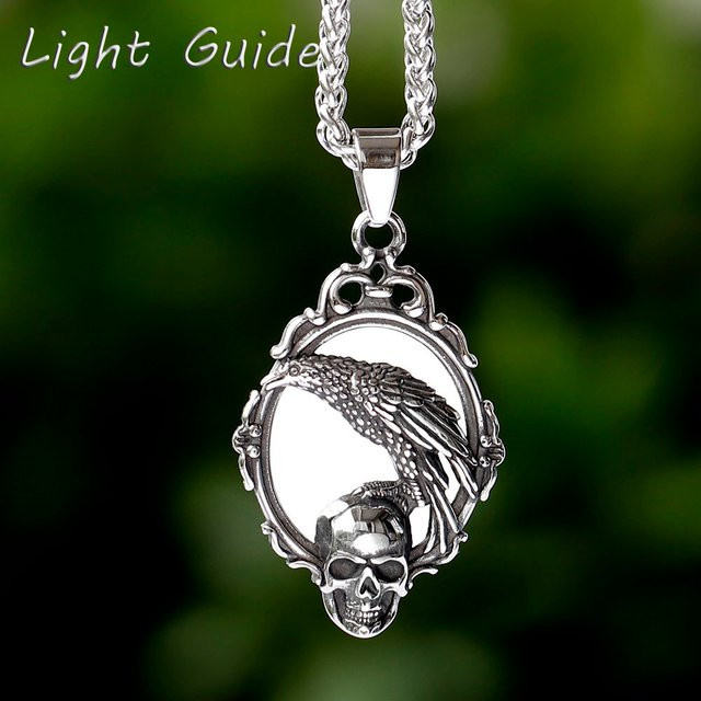 Halskette Edelstahl, Gothic, Schädel Kopf mit Krähe, Silber, Unisex - Bild 1