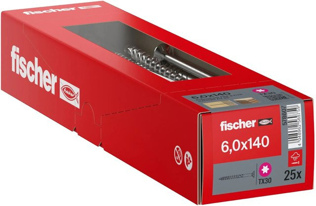 Fischer PowerFast II A2 Senkkopf Teilgewinde Torx Schraube aus Edelstahl in Silber, Durchmesser: 6 mm, Länge: 140 mm, 25 Stück - Bild 1