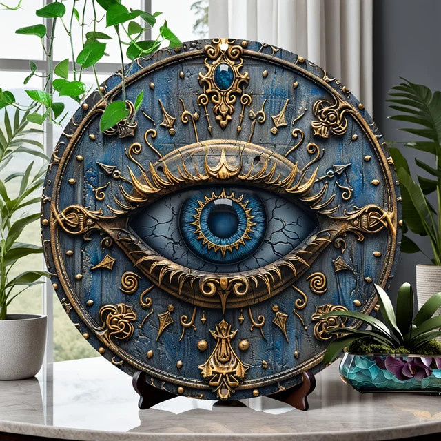 Hello Young Metallbeschilderung mit allsehendem Auge in Blau, antike ägyptische Wanddekoration mit Pyramidenmotiv, rund, B: 20 cm, H: 20 cm, T: 20 cm - Bild 1