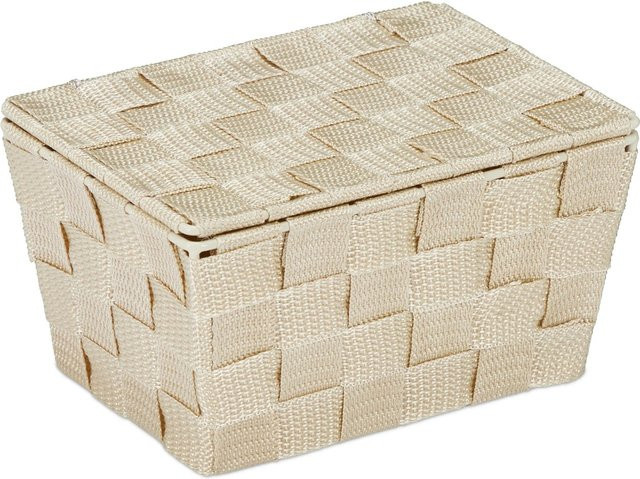 Relaxdays Aufbewahrungskorb aus Kunststoff in Beige mit Deckel und geflochtener Optik, B/T/H: 10,5 x 19,5 x 14,5 cm - Bild 1