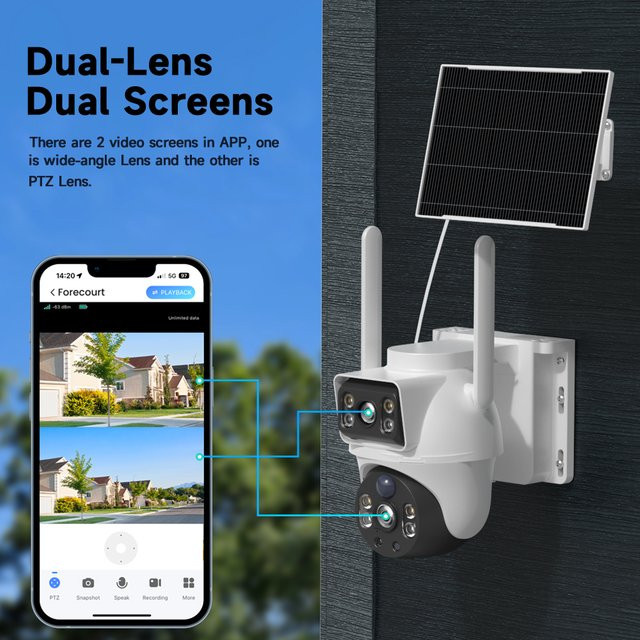 V380 Pro WiFi Solar Kamera mit Dual Linsen, 8MP 4K Outdoor IP Kamera, Low Power Batterie, PIR Bewegungsmelder und Nachtsicht, Farbe: Weiß - Bild 1