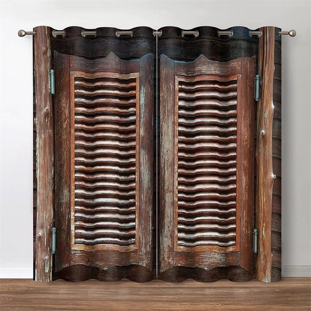 Yiran Furniture Vorhänge im Vintage Bauernhof Stil mit Holz Tür Muster, 2er Set, Weiß und Braun, B: 120 cm, H: 270 cm - Bild 1
