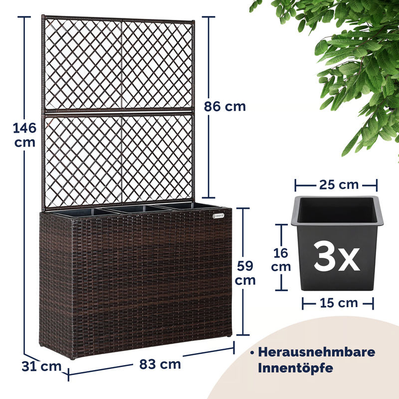 CASARIA Blumenkasten aus Polyrattan mit Rankgitter in Braun, B/T/H: 83 x 30 x 30 cm - Bild 2
