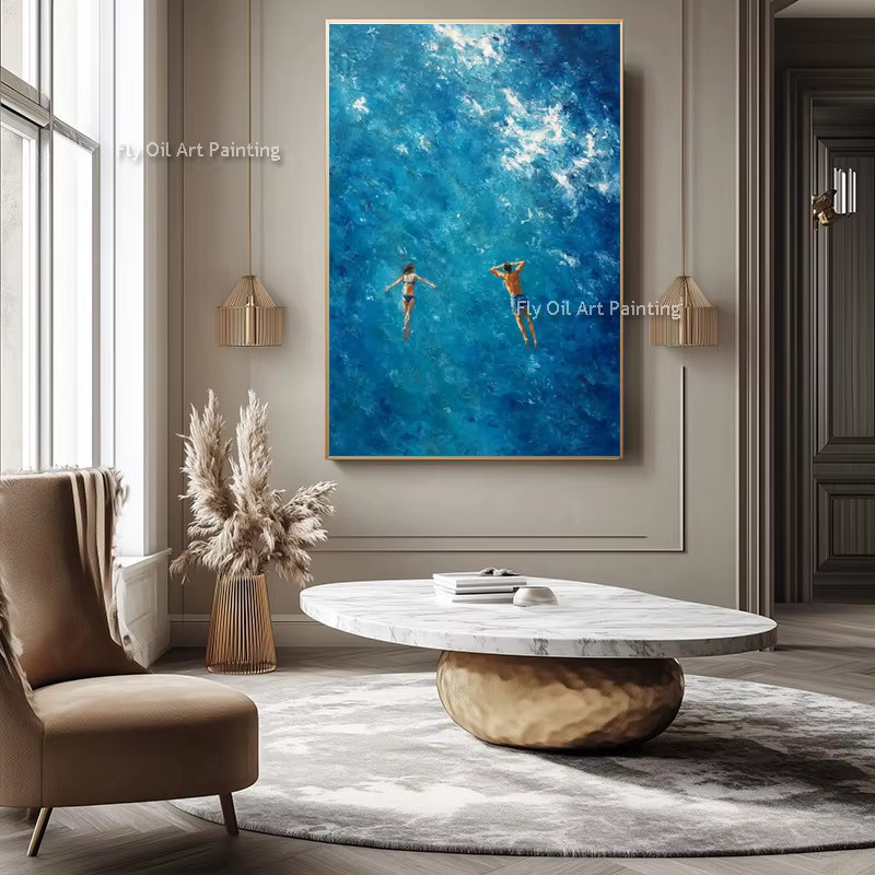ViVi YOU ART Leinwandkunstwerk Dunkelblaues Ozean-Motiv mit schwimmenden Personen als modernes Ölgemälde für deine Wanddekoration - Bild 3