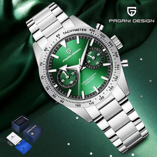 Pagani Design Chronograph, Quarz, Edelstahl, Silber, Grün, Herren - Bild 1