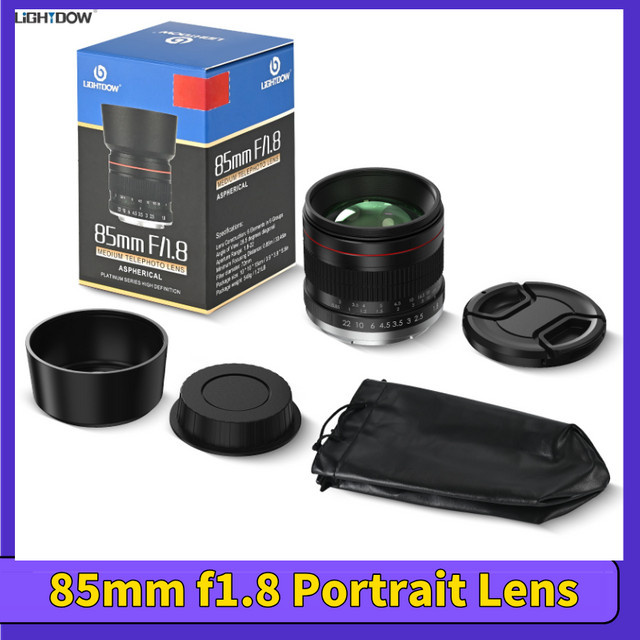 Lightdow 85 mm f/1.8 Porträtobjektiv für Canon Sony Nikon DSLR-Kameras in Schwarz mit manuellem Fokus - Bild 1