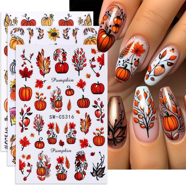 Sweet Trend Nagelaufkleber, 3 Stück, Herbst Kürbis Ahornblatt Kiefer Obst Blume - Bild 1