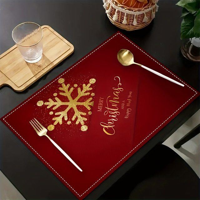 VIKAMA 4-teiliges weihnachtliches Tischset in Rot mit Schneeflockenmuster, wasserdicht und leicht zu reinigen - Bild 1