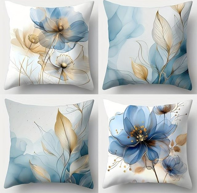 4-teiliges Kissenbezug-Set JMG Clothing mit floralem Pflanzenmotiv in Blau, quadratisch, B/T/H: 60 x 60 x 0 cm - Bild 1