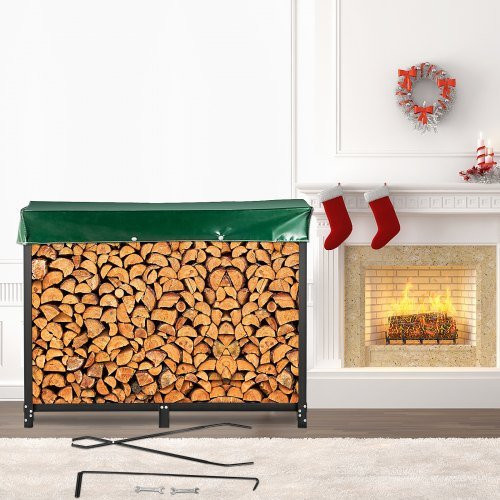 VEVOR Metall Kaminholzregal Schwarz mit PVC Abdeckung und Kaminbesteck, Brennholzregal aus Stahl für Außenbereich, B/T/H: 244,5 x 36,2 x 122 cm - Bild 1