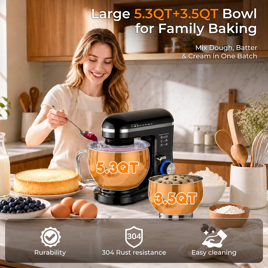 Patbrela Standmixer mit 5L Edelstahlschüssel, 10 Geschwindigkeiten, Knethaken, Rührbesen und Schneebesen für Brotteig, Kuchen und Kekse, Teigknetmaschine und Planetenmixer - Bild 7