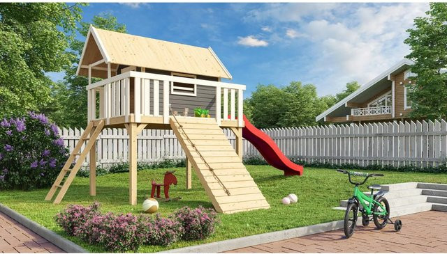 Karibu Stelzenhaus Fidel Set in Terragrau mit roter Wellenrutsche und Holzrampe, B/H/T: 198 x 329,5 x 243 cm - Bild 1