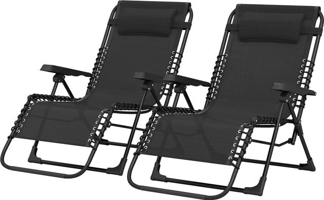 Outsunny Set mit 2 Sonnenliegen in Schwarz, klappbare Liegestühle aus Textilene mit verstellbarem Kopfkissen für Garten, Terrasse und Pool, B/T/H: 90 x 65 x 112 cm - Bild 1