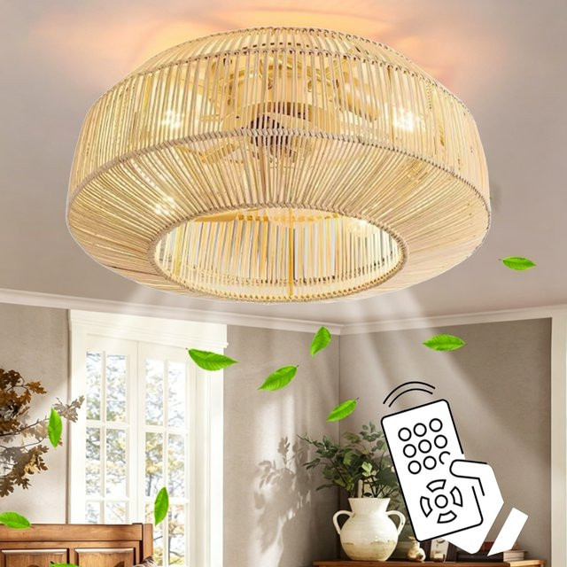 LINCCW Boho Rattan Deckenventilator mit Beleuchtung und Fernbedienung, Reversibler DC-Ventilator in Beige - Bild 1