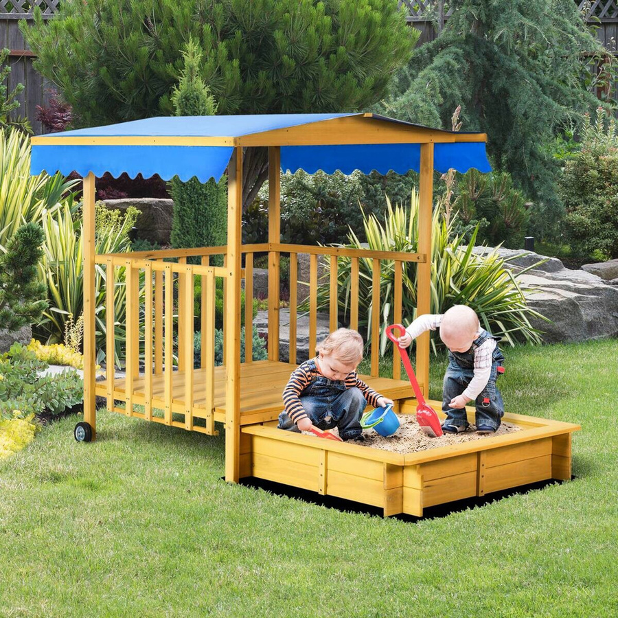 Outsunny Sandkasten aus Holz mit Dach und Spielhaus in Natur, B/H/L: 129 x 137,5 x 133 cm - Bild 3