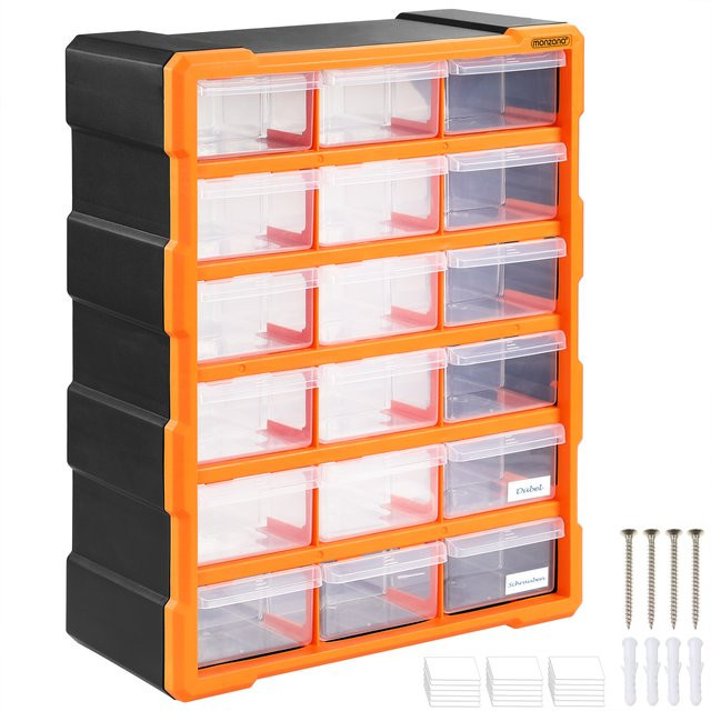MONZANA Sortimentskasten aus Kunststoff mit 18 Fächern, Grau/Orange/Transparent, B: 47,5 cm, T: 38 cm, H: 16 cm - Bild 1