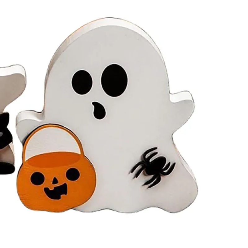 3er Set Halloween Deko aus Holz mit Geistern, Schwarzer Katze, Fledermaus und Hexe von OutsideWorld in Weiß und Schwarz - Bild 2