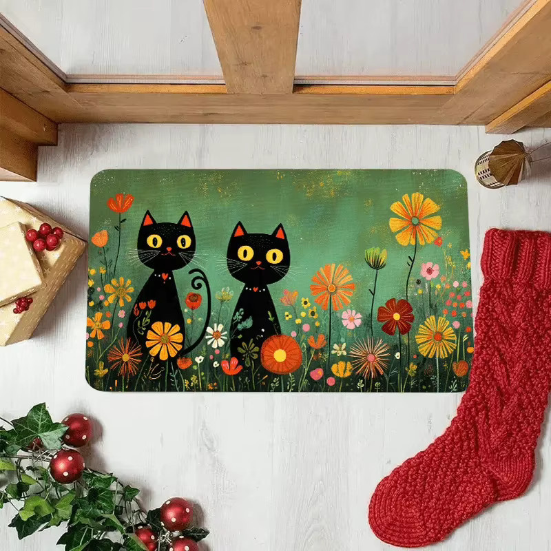 VIKAMA Teppich-Set mit schwarzem Katzen-Design in Dunkelgrün für Küche und Wohnzimmer - Bild 3