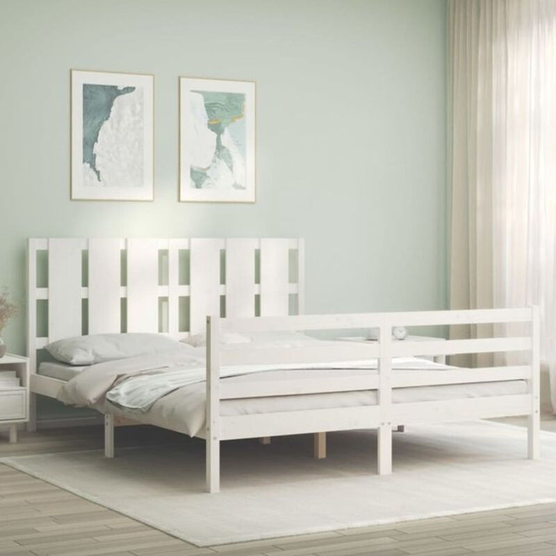 Massivholzbett aus Kiefer mit Kopfteil von Vidaxl in Weiß, B/T/H: 200 x 155,5 x 150 cm - Bild 1