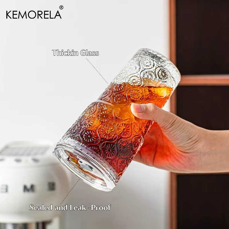 KEMORELA Begonia Blumen Glasbecher mit Deckel und Glasstrohhalm, transparent, 600 ml - Bild 3