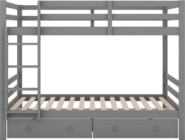 KOMHTOM Etagenbett für Kinder aus Kiefernholz und MDF mit Schubladen und hohen Geländern, Farbe: Grau, B/T/H: 140 x 200 x 204,5 cm - Bild 1