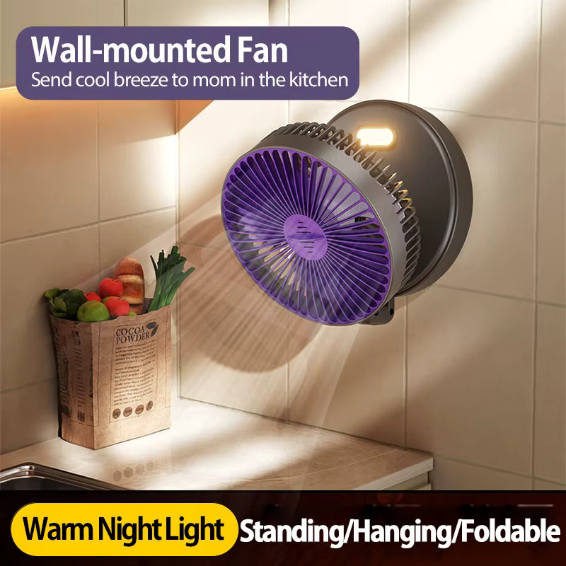 HAOYUNMA 3-in-1 Multifunktions-Desktop-Lüfter in Grau, wiederaufladbarer und wandmontierbarer Ventilator mit 4 Geschwindigkeiten, 90 Grad faltbar und warmem Nachtlicht - Bild 2