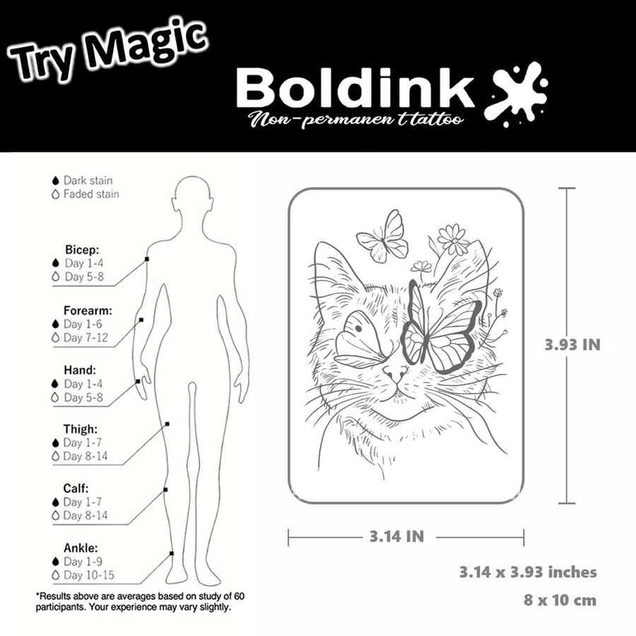 Boldink Temporäres Tattoo, Skurrile Katze und Schmetterlinge, Wasserfest - Bild 4
