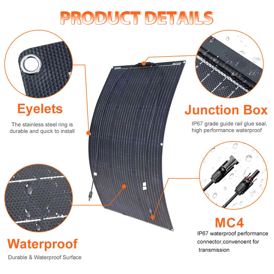 dgsunlight Flexibles Solarpanel 12V mit ETFE-Beschichtung, Wasserdicht, Farbe: Schwarz - Bild 5