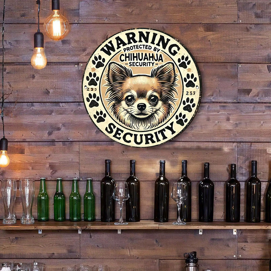 Rundes Metallschild Potdemiel mit Warning Protected by Chihuahua Security Aufschrift in Vintage-Optik, Durchmesser: 20 cm - Bild 3