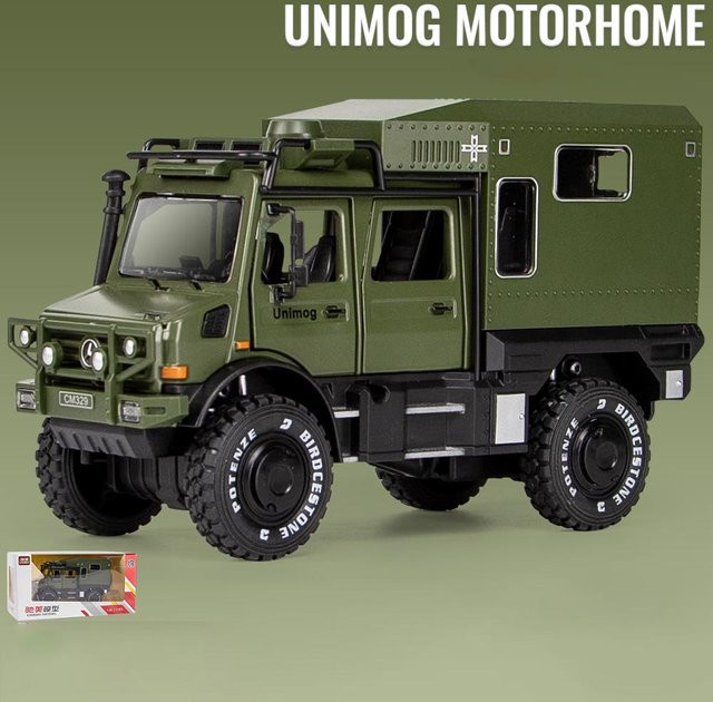 Fourall- Model Cars Unimog-Automodell, Druckguss-Pull-Back-Auto, Maßstab 1:28, grün, mit Licht und Ton - Bild 1