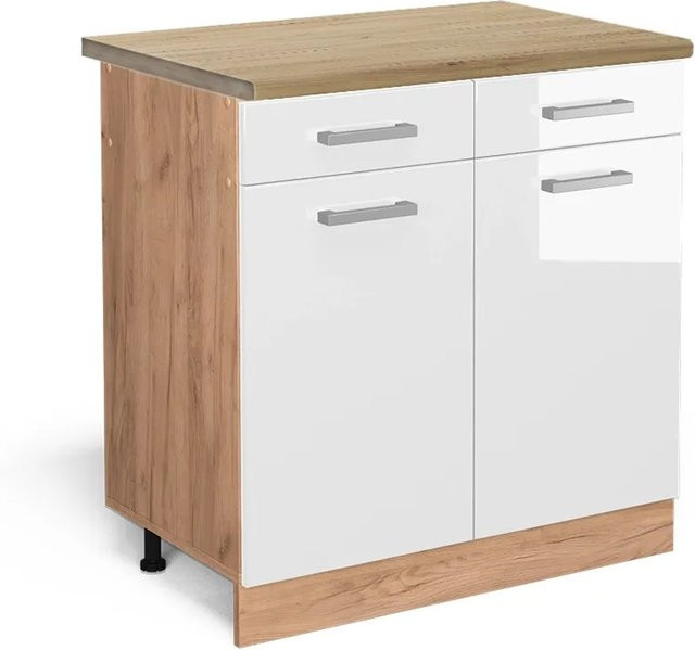 Vicco Küchenunterschrank R-Line Weiß Hochglanz und Goldkraft Eiche mit Türen und Schubladen B/T/H: 80 x 60 x 81,6 cm - Bild 1