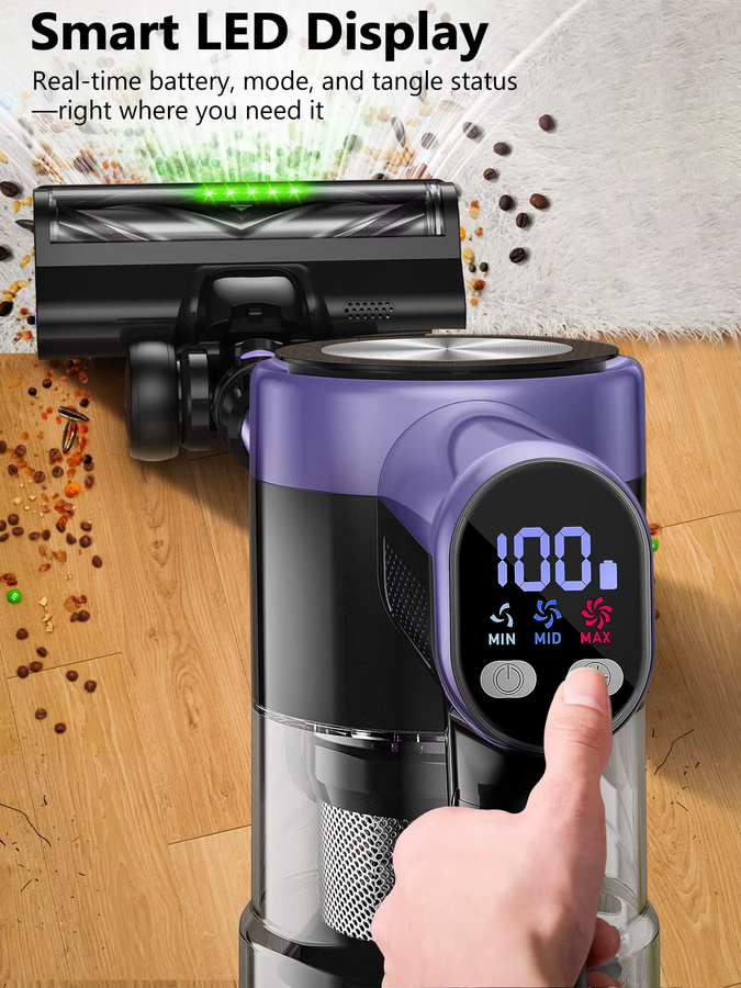 SUXIANGVAC Kabelloser Standstaubsauger in Schwarz mit 500W Leistung, 55KPA Saugkraft, 60 Minuten Akkulaufzeit, Smart-LED-Display und Beutellose Technologie für Teppiche und Tierhaare - Bild 5