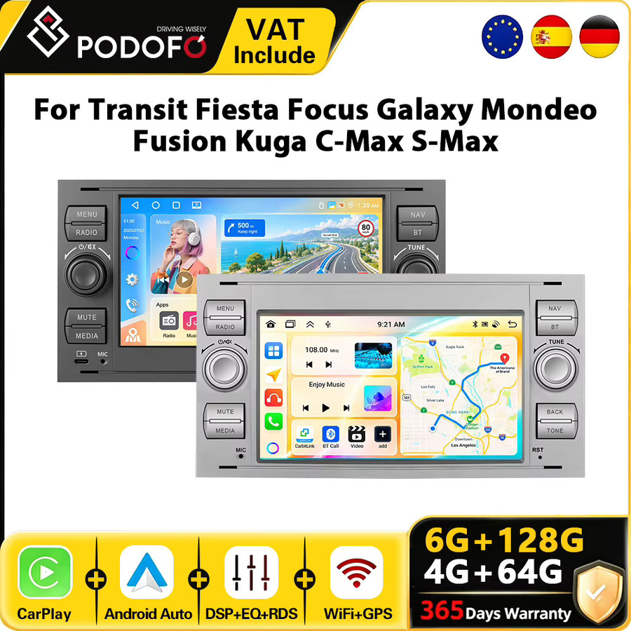 Podofo 7 Zoll 2 Din Android Autoradio mit CarPlay, Android Auto, GPS, WiFi und Bluetooth für Ford Transit Fiesta Focus Galaxy Mondeo Fusion Kuga C-Max S-Max Connect in Schwarz - Bild 2