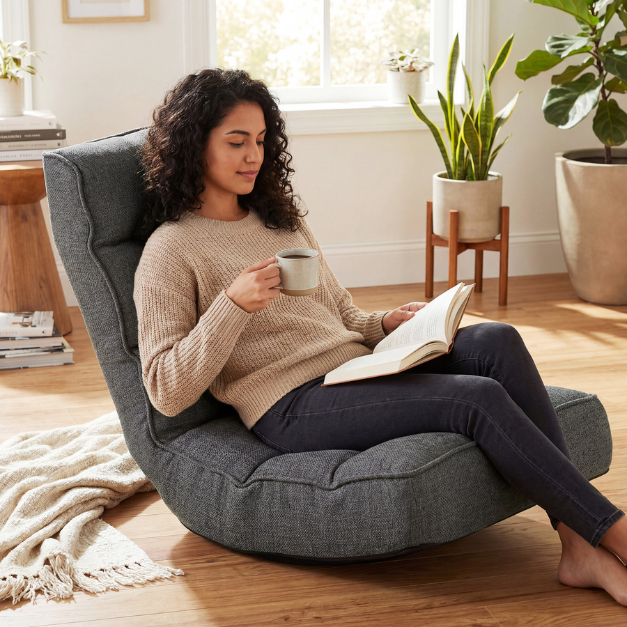 HOMCOM Klappbarer Bodensitz Grau, 360 Grad drehbarer Lesesessel mit 5-fach verstellbarer Rückenlehne, gepolstertes Leinen-Bodensofa für Meditation und Gaming, B/T/H: 58 x 107 x 79 cm - Bild 2