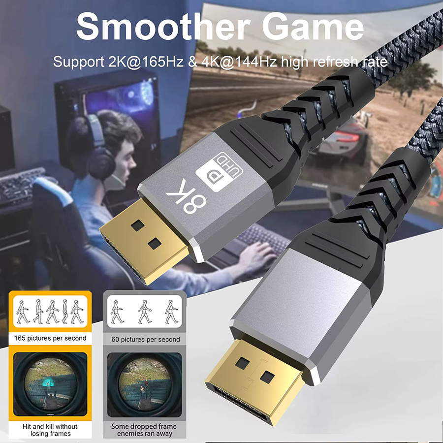 KAFNHCKA DisplayPort-Kabel DP 1.4 in Schwarz für 4K 144Hz, 2K 240Hz und 8K 60Hz zur Verbindung von PC, Laptop, TV und Projektor - Bild 2