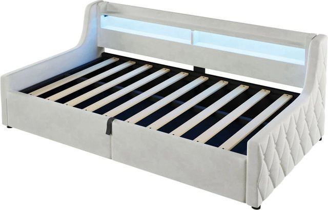 Merax Samtbett mit Hydraulik-Stauraum und LED-Beleuchtung in Beige, B/T/H: 90 x 200 x 105 cm - Bild 1