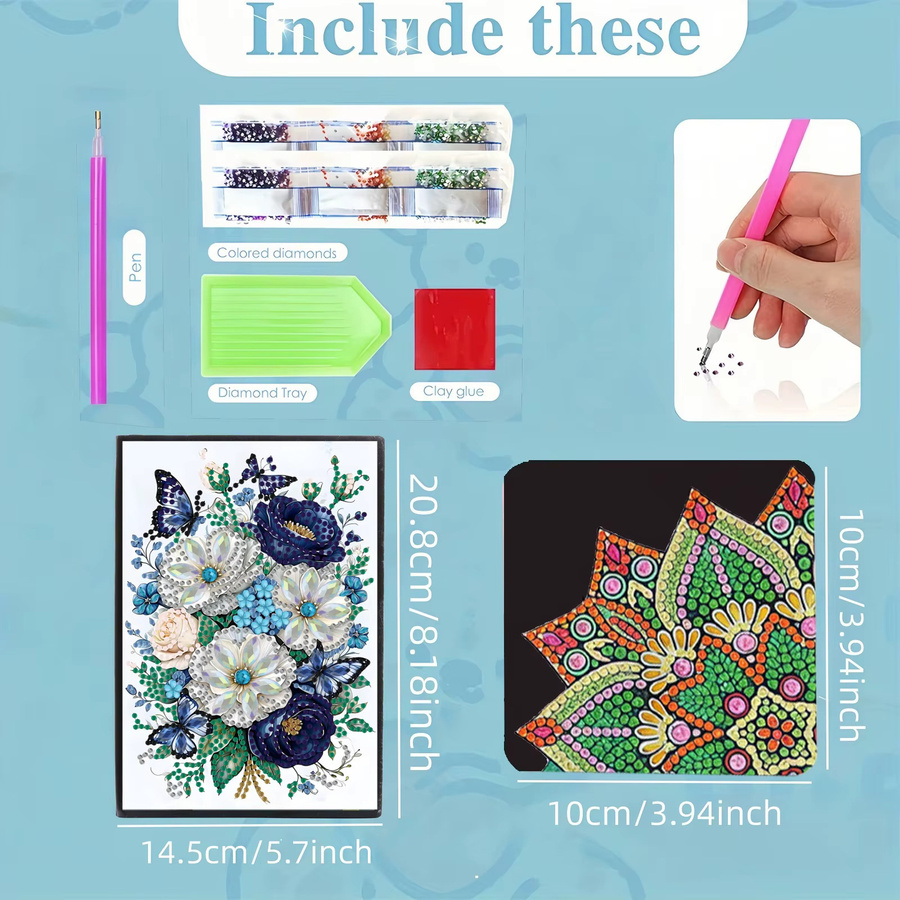 2-teiliges Diamond-Painting-Set mit Notizbuch und Lesezeichen aus PU-Leder in Multicolour mit Blumen- und Schmetterlingsmuster - Bild 2