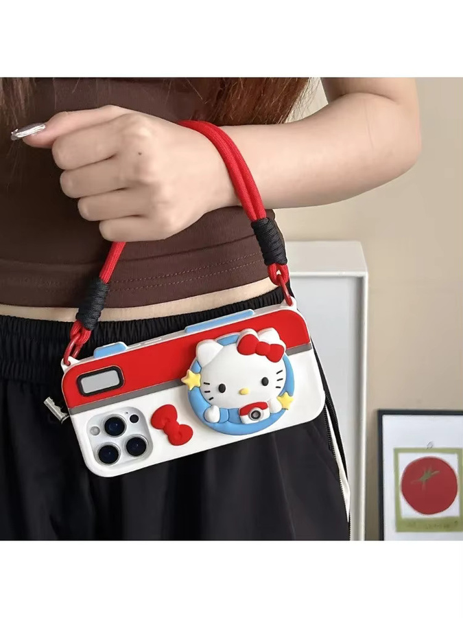 Sanrio Hello Kitty Handyhülle mit Kamera-Lanyard aus weichem Silikon für iPhone 16, 15, 14, 13 Pro Max, 3D-Design, Mehrfarbig - Bild 5