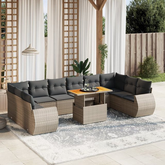 vidaXL 11-tlg. Garten-Sofagarnitur aus PE-Rattan in L-Form mit grauen Kissen - Bild 3