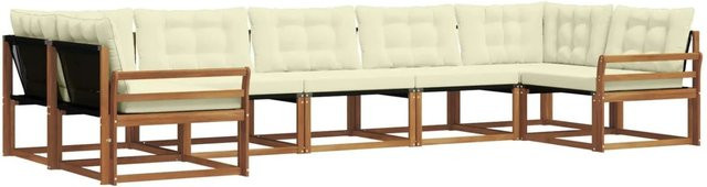 vidaXL Outdoor-Sofagarnitur 7-teilig L-Form aus Akazienholz mit Kissen in Beige und Weiß - Bild 1
