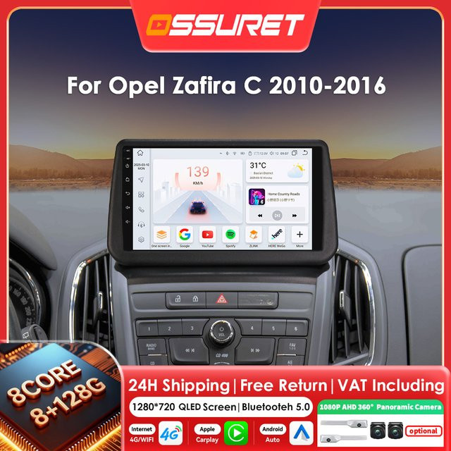 OSSURET Android 14 Autoradio für Opel Zafira C 2010 - 2016 mit 9 Zoll Display, Multimedia-Player, AI Carplay, Android Auto, GPS und 360 Kamera Unterstützung in Schwarz - Bild 1