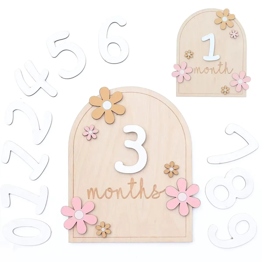 OIMG Baby Meilensteinkarten aus Holz mit floralem Design für Neugeborenen-Fotografie, doppelseitig für Mädchen und Jungen - Bild 2