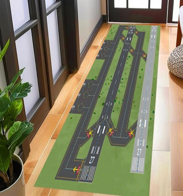 VIKAMA Teppich mit Flughafen-Startbahn und Flugzeugmuster in Grün für Kinderzimmer und Flugzeug-Enthusiasten - Bild 1