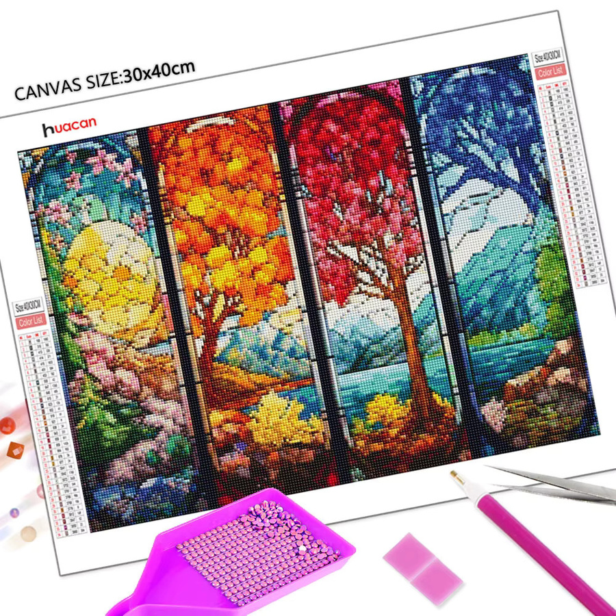 Huacan 5D DIY Diamantmalerei Vier Jahreszeiten Landschaft mit Blumen und Bäumen, Mosaik Stickerei Set in Mehrfarbig, B/H: 30 x 20 cm - Bild 2