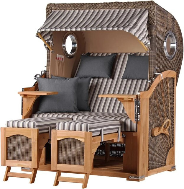 bene,iving Strandkorb Komplettset Ammersee Modell 545 aus Teakholz und PE-Rattan in Grau mit Bullauge - Bild 1