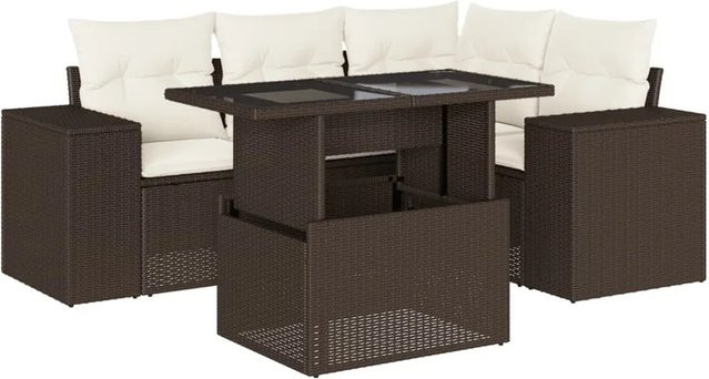 vidaXL 5-tlg. Garten-Sofagarnitur in L-Form mit Couchtisch und Kissen, Braun/Weiß, Poly-Rattan mit Metallgestell - Bild 1