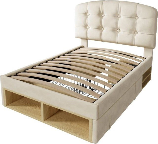 Merax Polsterbett Einzelbett mit Stauraum in Beige aus Samt, B/T/H: 90 x 200 x 101 cm - Bild 1