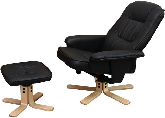 MCW Relaxsessel H56 mit Hocker in Schwarz aus Kunstleder und Eukalyptus Holz - Bild 1