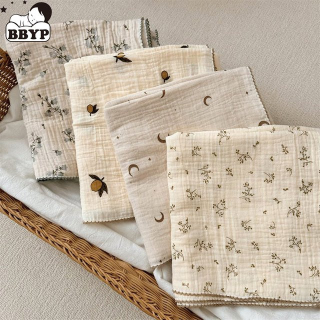 BBYP Baby Sommerdecke aus 2-lagigem Baumwoll-Musselin mit Blumenmuster in Beige, B/B/B: 100 x 100 cm - Bild 1